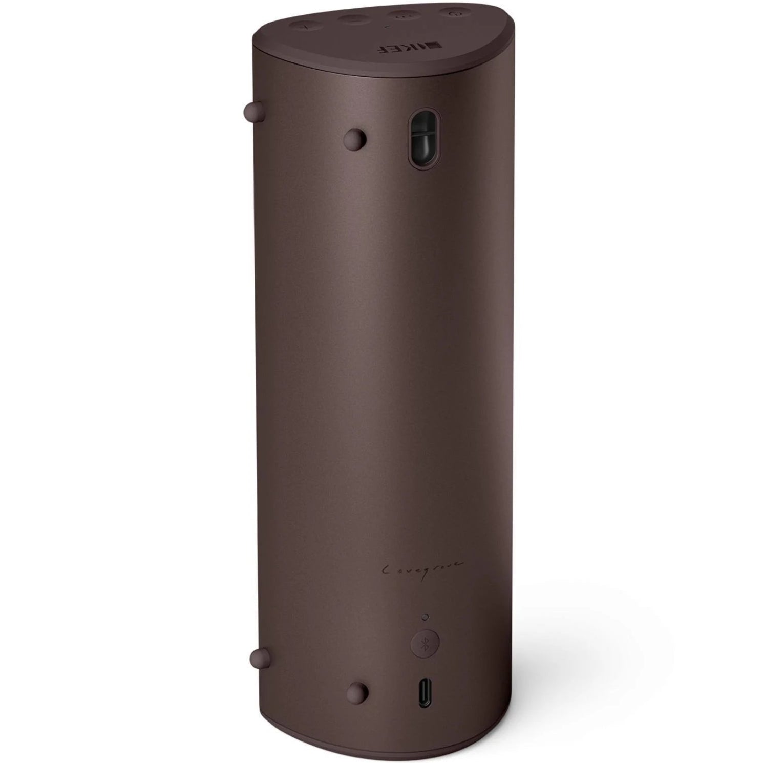 KEF Muo portable speaker in cocoa brown color, showing the back view with fabric grille and control buttons.