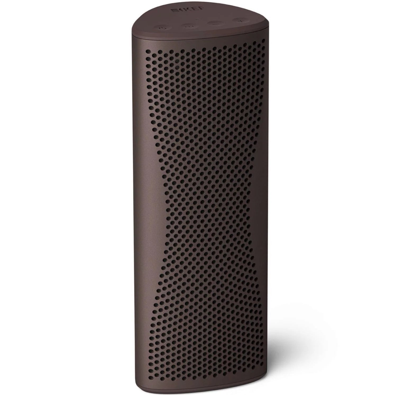 KEF Muo portable speaker in cocoa brown with a sleek top and side view, showcasing its compact, modern design.