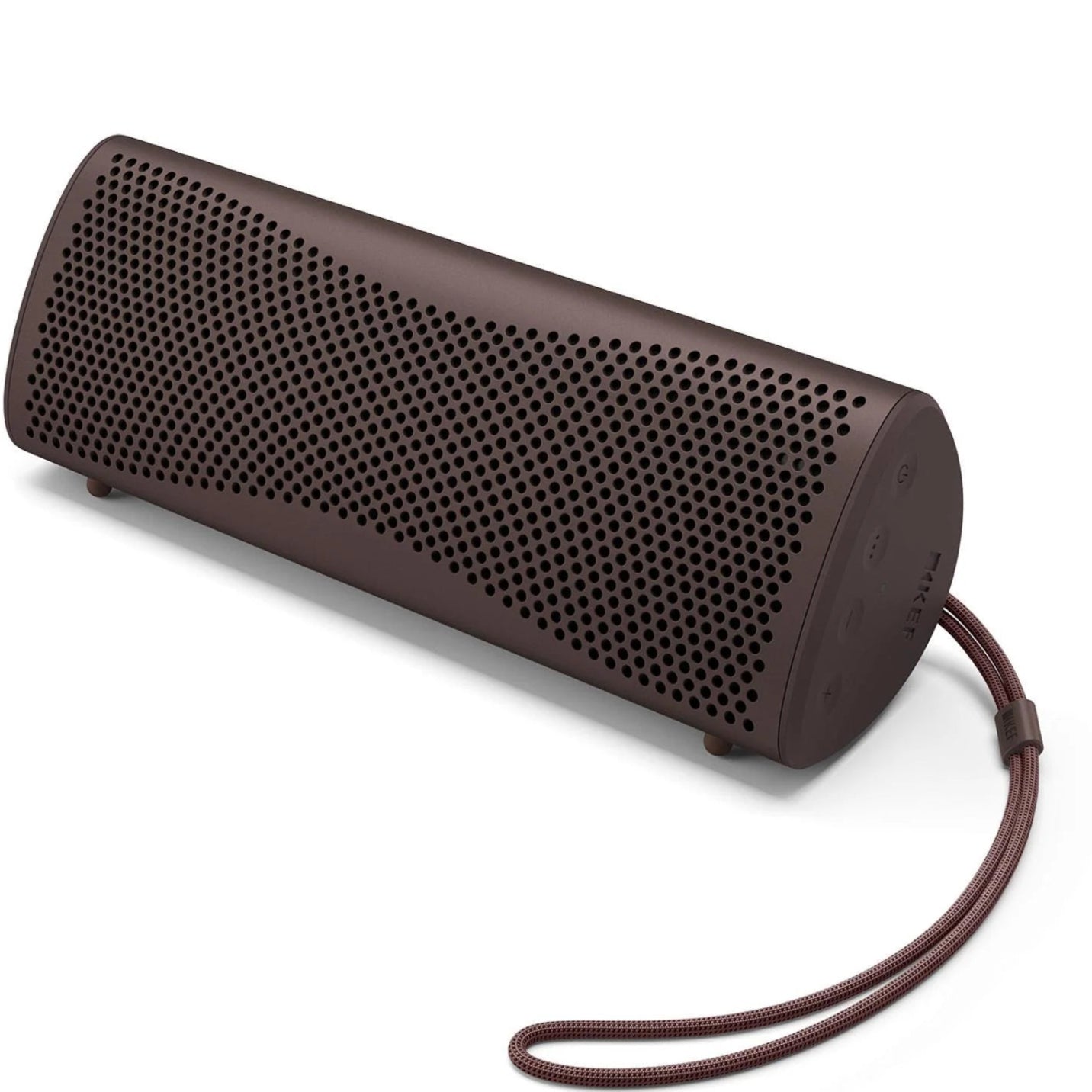 KEF Muo portable speaker in cocoa brown with sleek design and compact size, perfect for on-the-go listening.