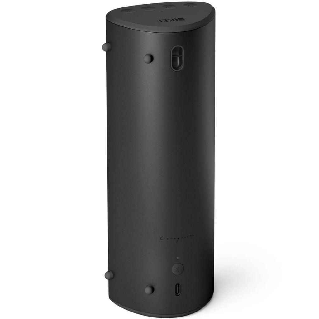 Black KEF Muo portable speaker with sleek design, showing the back and textured exterior in midnight black.