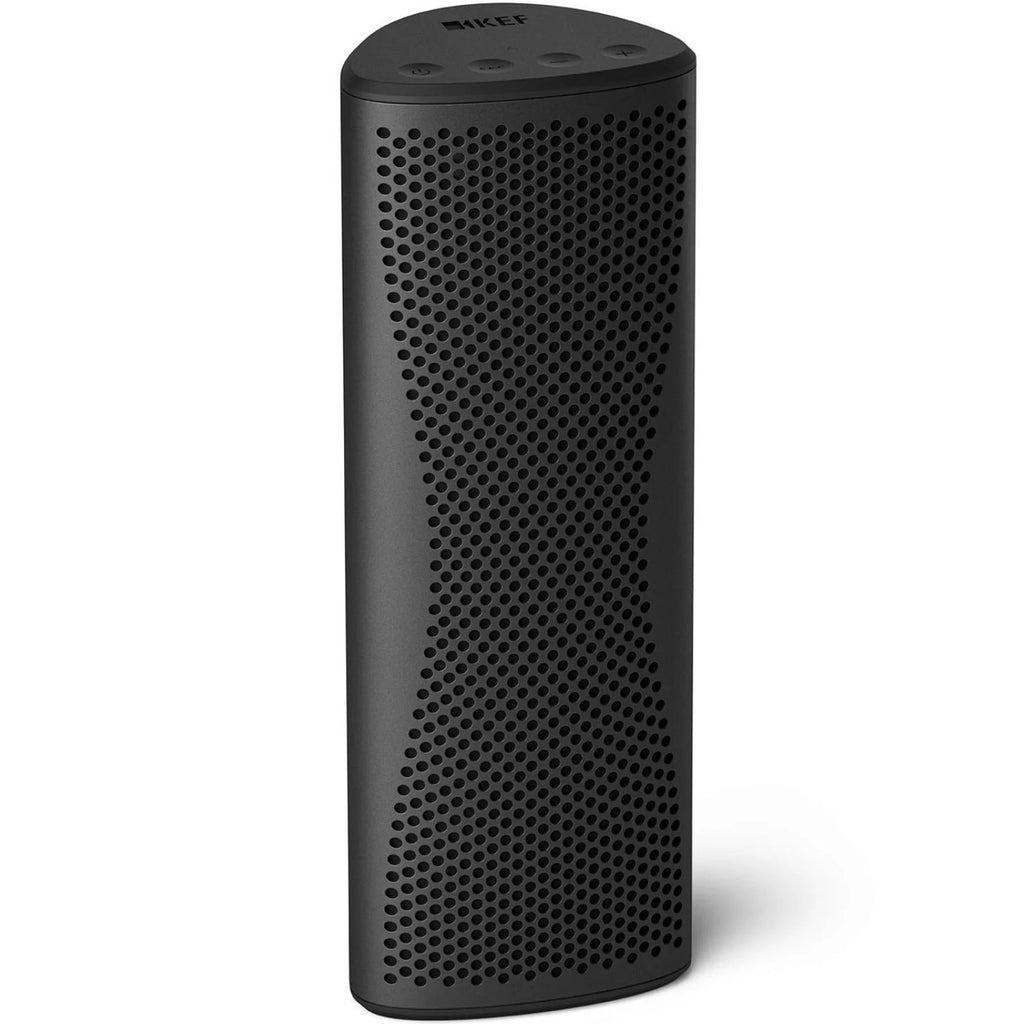 KEF Muo portable speaker in midnight black with a sleek front view and top controls, compact and stylish for on-the-go sound.