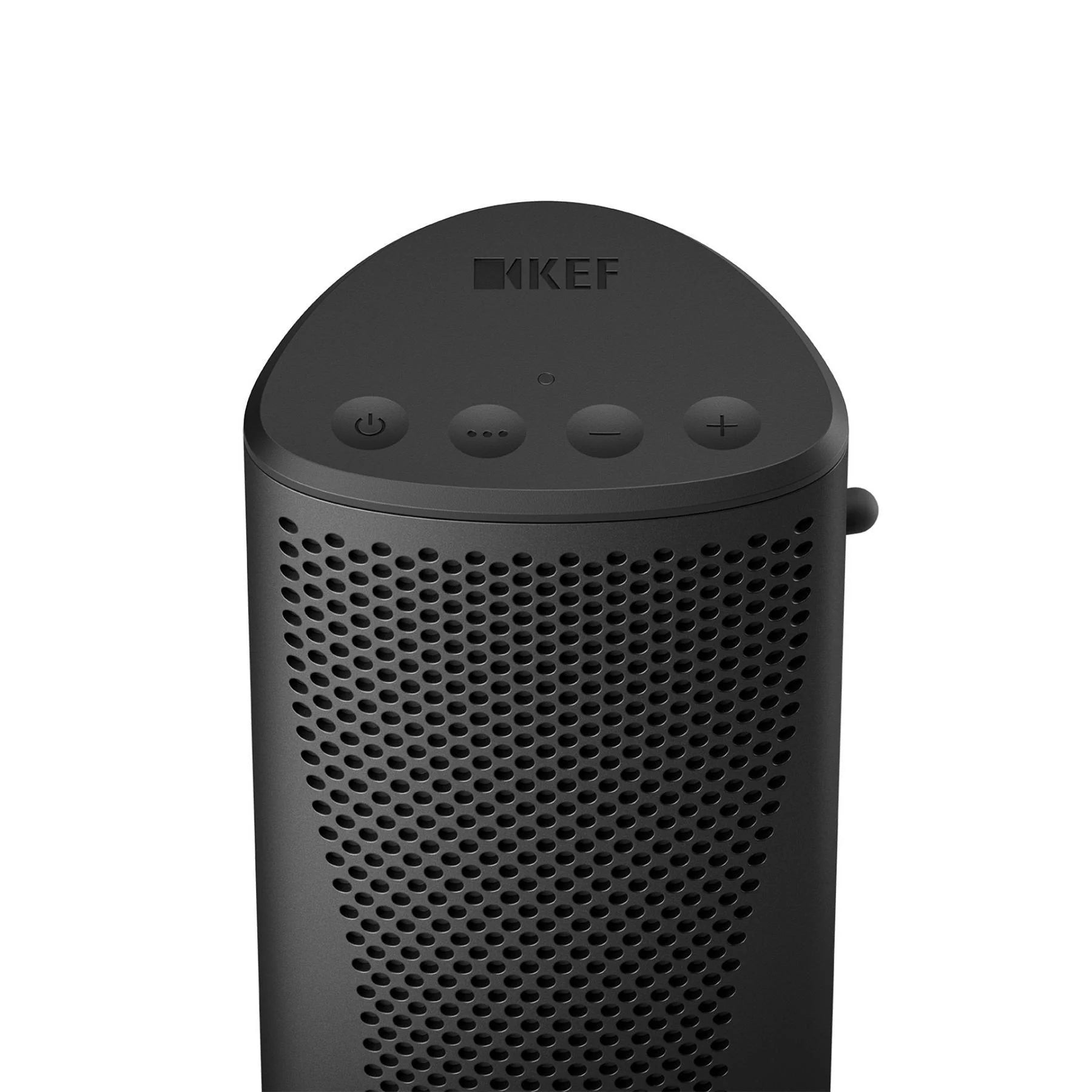 KEF Muo portable speaker in midnight black with top control buttons and sleek compact design.