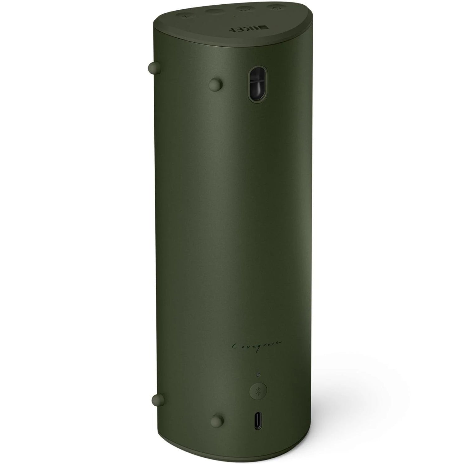KEF Muo moss green portable speaker with sleek design and fabric grille, compact for on-the-go audio experience.
