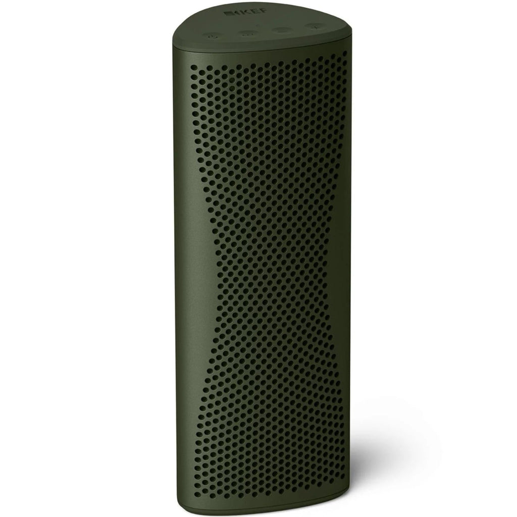 KEF Muo portable speaker in moss green, front and top view showing compact design and textured surface.
