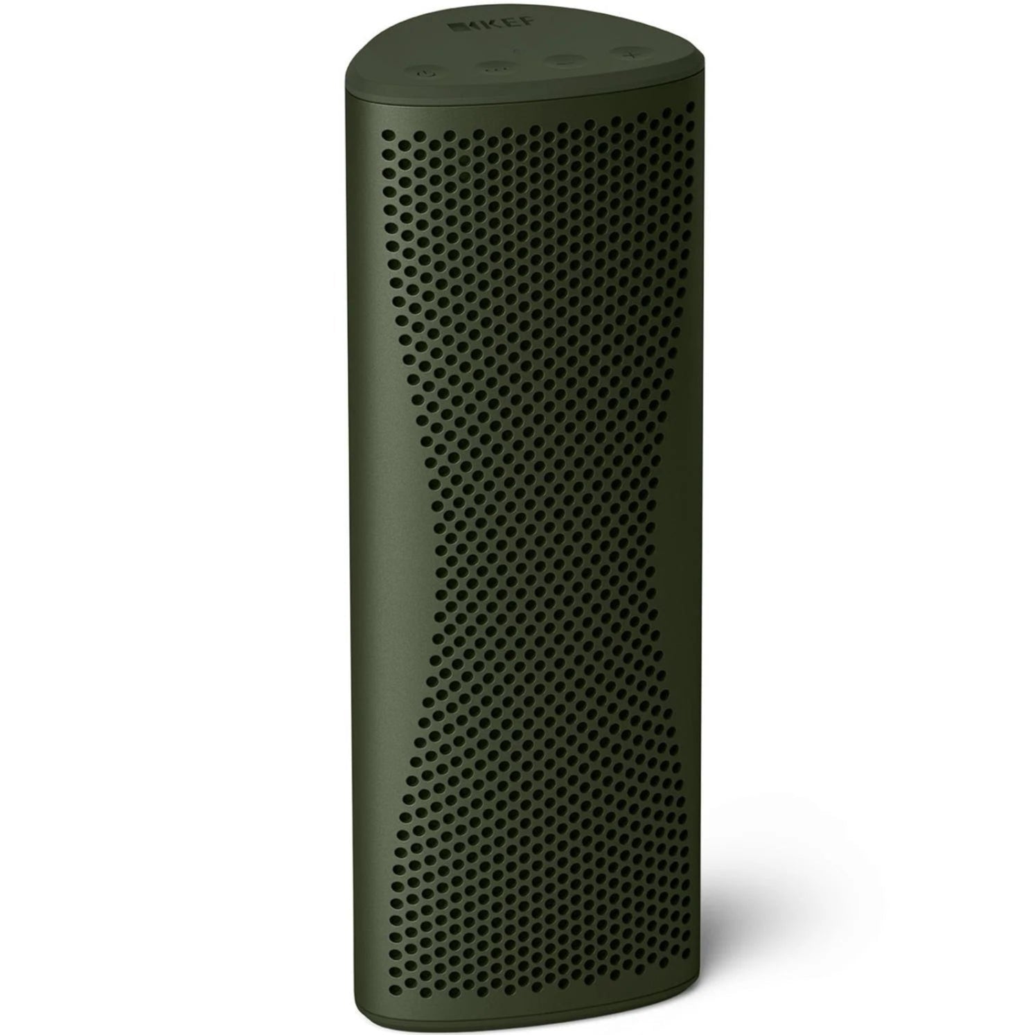 KEF Muo portable speaker in moss green, front and top view showing compact design and textured surface.