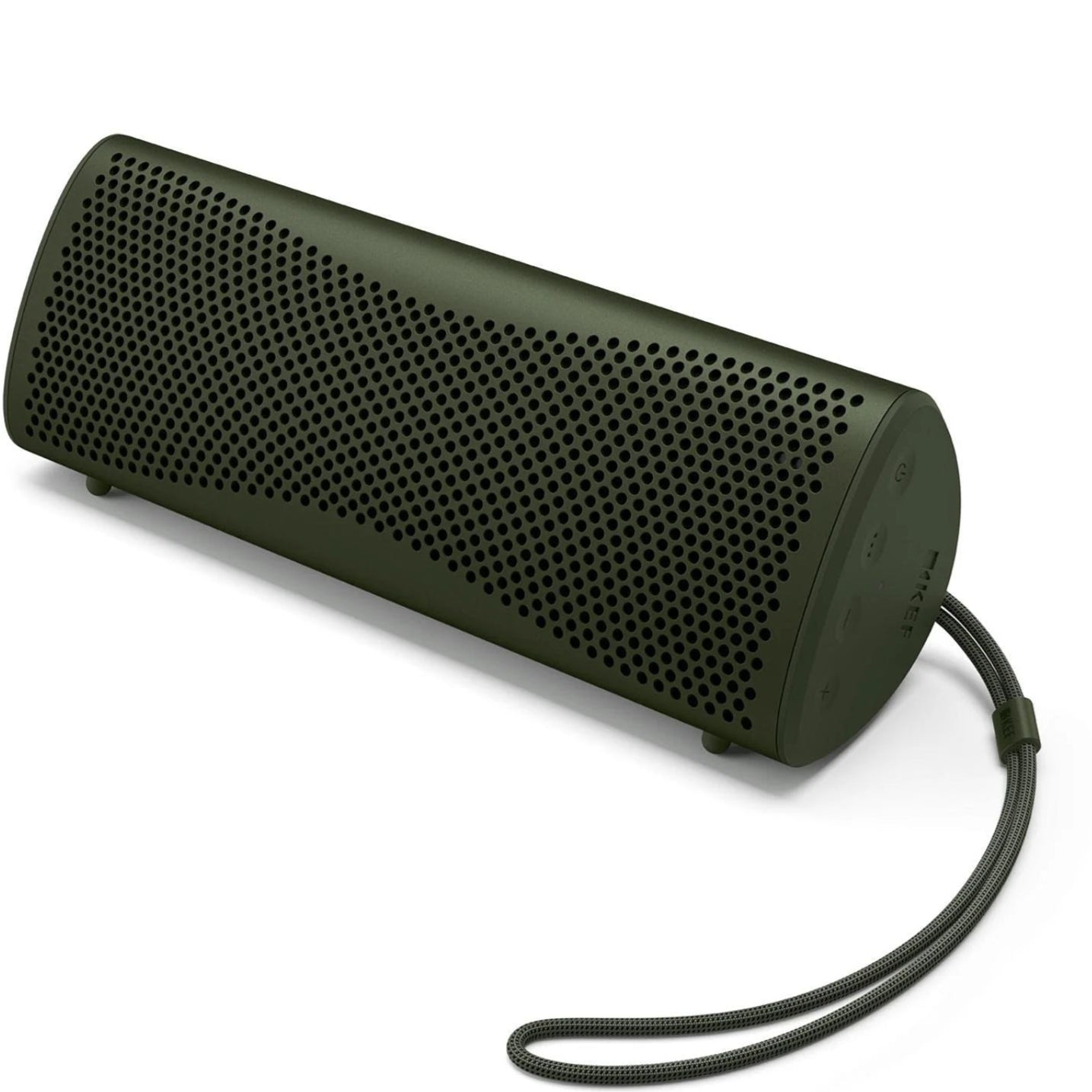 KEF Muo portable speaker in moss green, compact design with fabric grille and controls visible in the image.