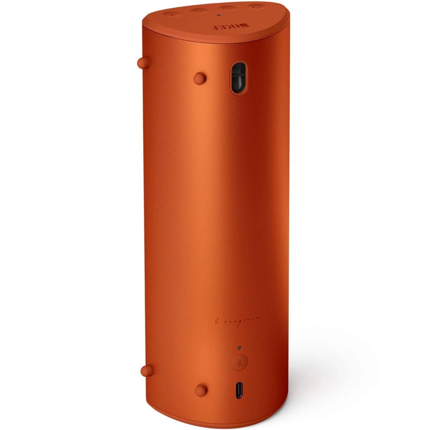 KEF Muo portable speaker in vibrant orange with a sleek circular design and textured fabric exterior.