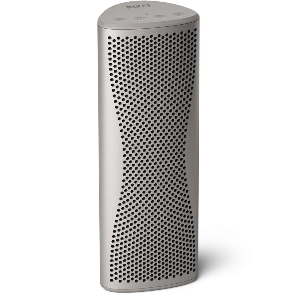 KEF Muo portable speaker in silver dusk finish, front and top view showing compact design and control buttons.