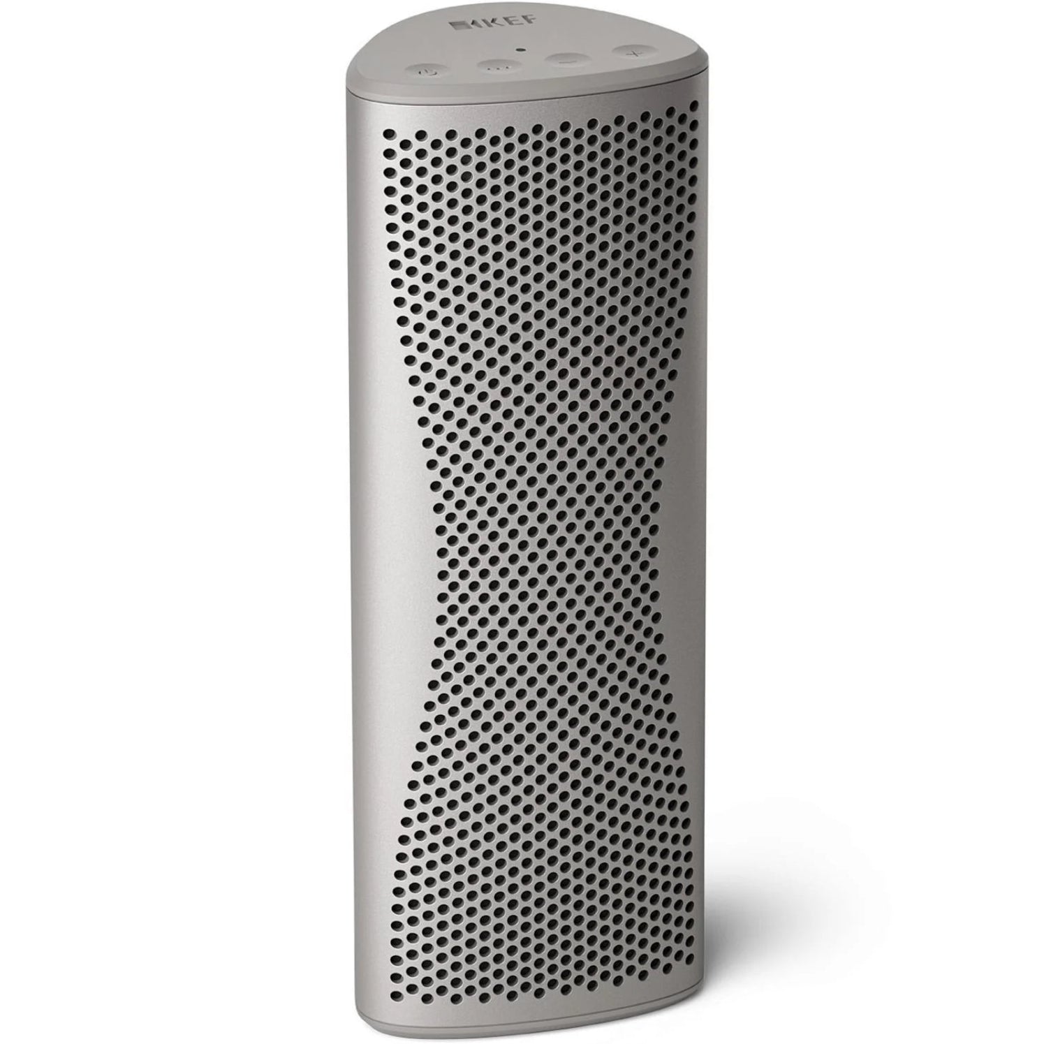 KEF Muo portable speaker in silver dusk finish, front and top view showing compact design and control buttons.