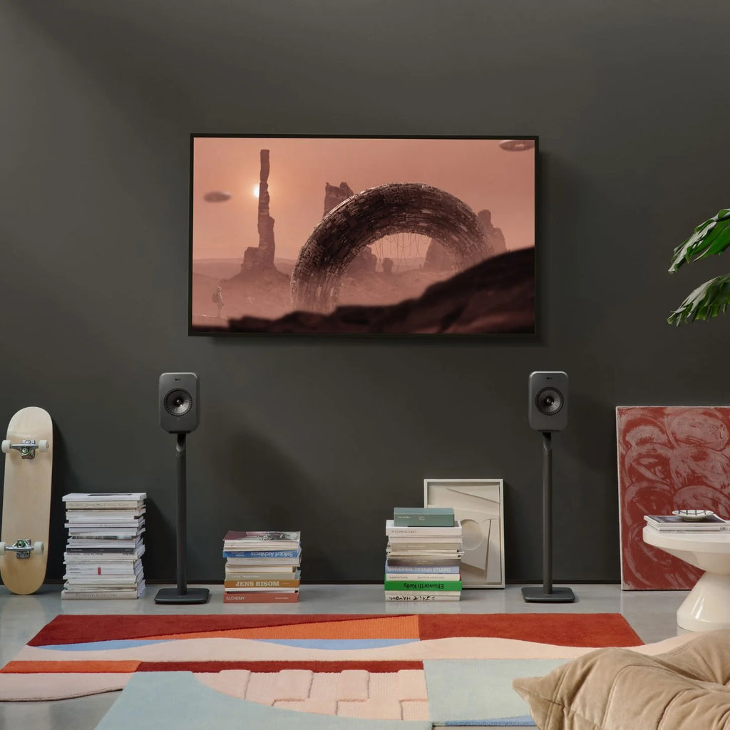 Grey KEF LSX II LT active bookshelf speakers shown with sleek design and modern finish, perfect for high-quality audio in any space.
