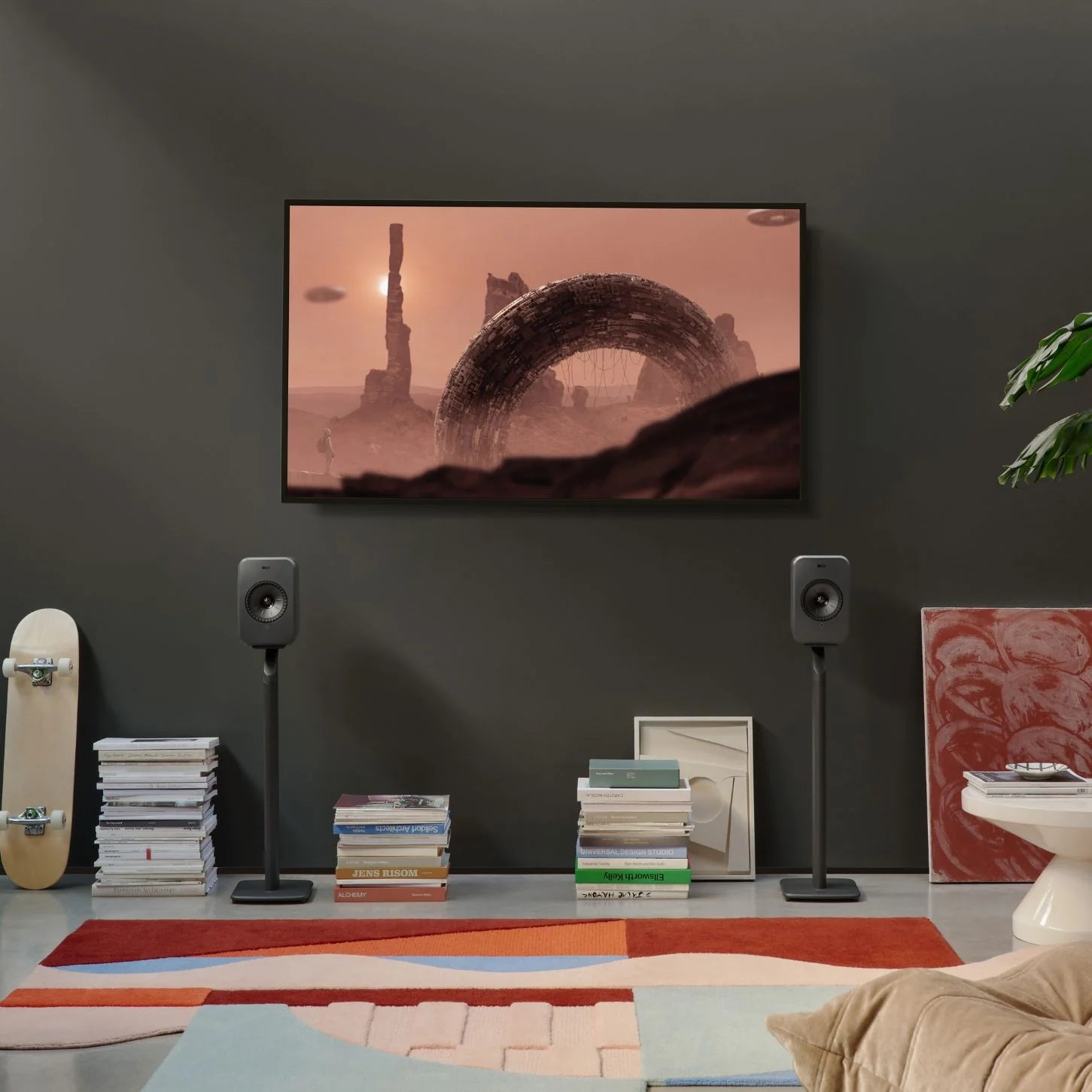 Grey KEF LSX II LT active bookshelf speakers shown with sleek design and modern finish, perfect for high-quality audio in any space.