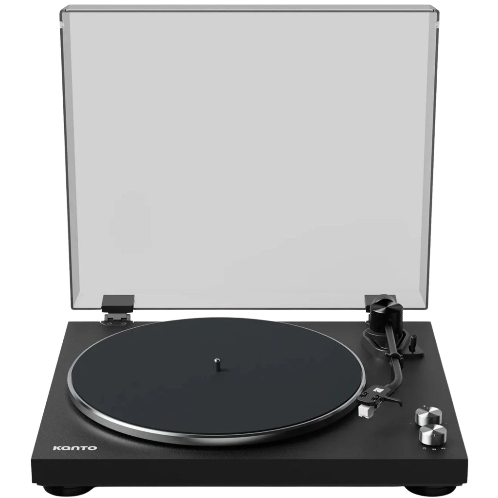 Kanto Audio OBI3 turntable with sleek black finish and modern design, featuring tonearm and controls on top.