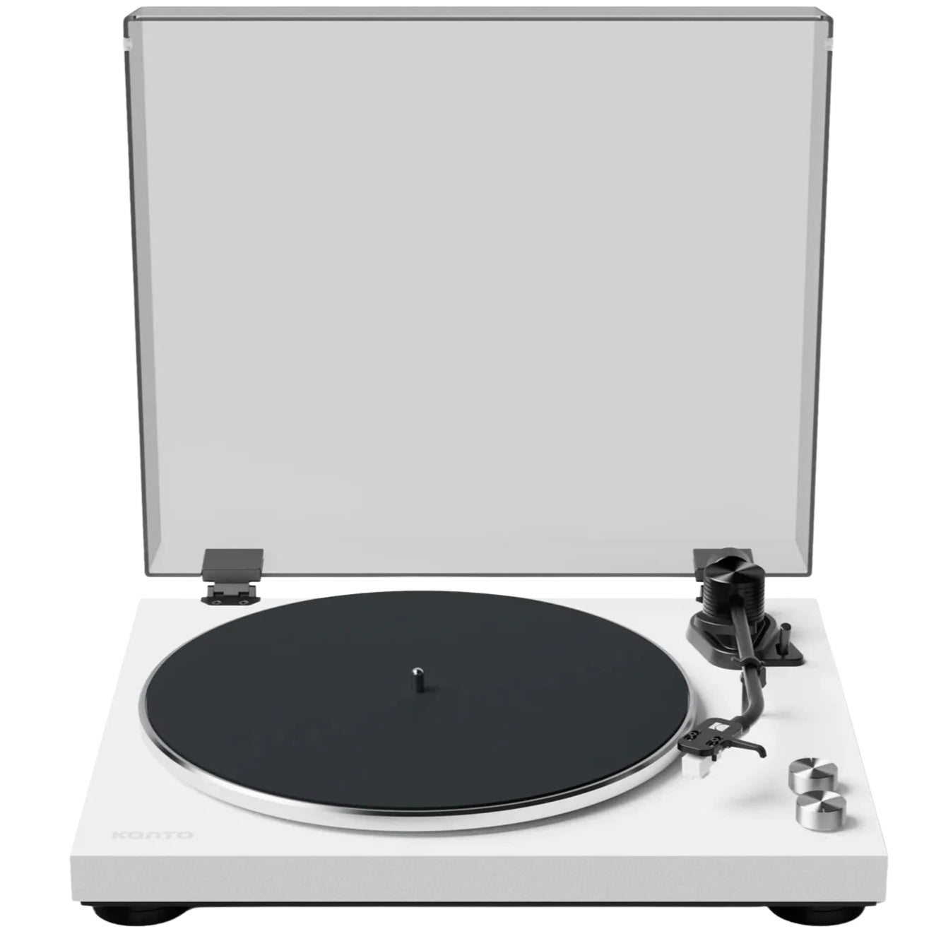 Kanto Audio OBI3 turntable with sleek black finish and modern design, featuring a tonearm and control knobs.