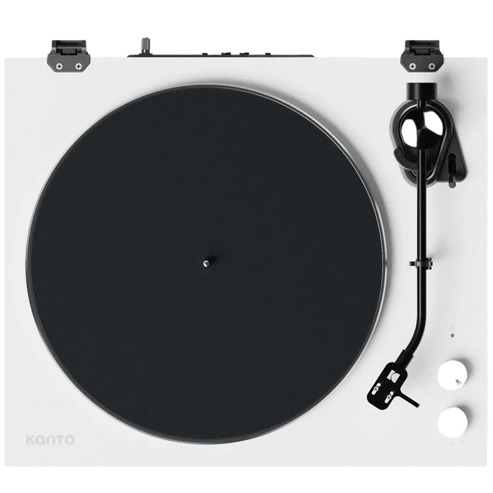 Kanto Audio OBI3 turntable with sleek design, featuring tonearm and control panel, ideal for high-quality vinyl playback.