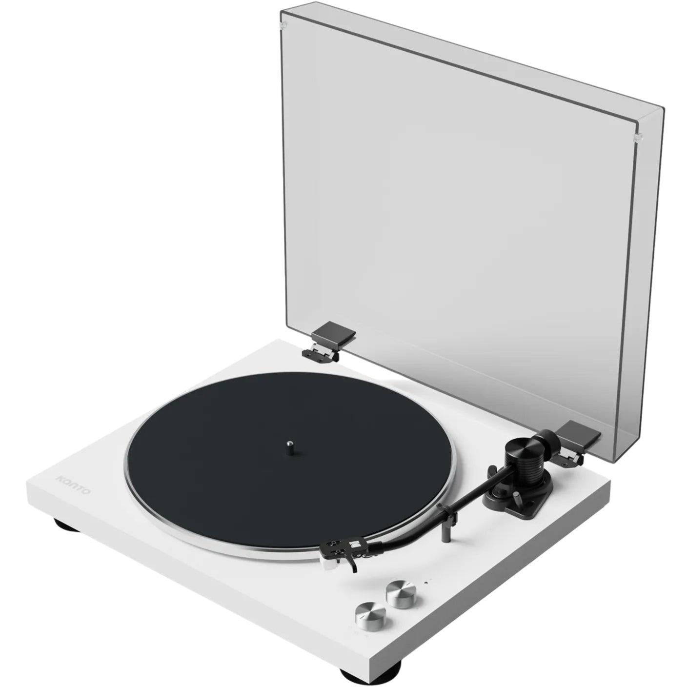 Kanto Audio OBI3 turntable with sleek black finish and modern design, featuring tonearm and control buttons visible on top.