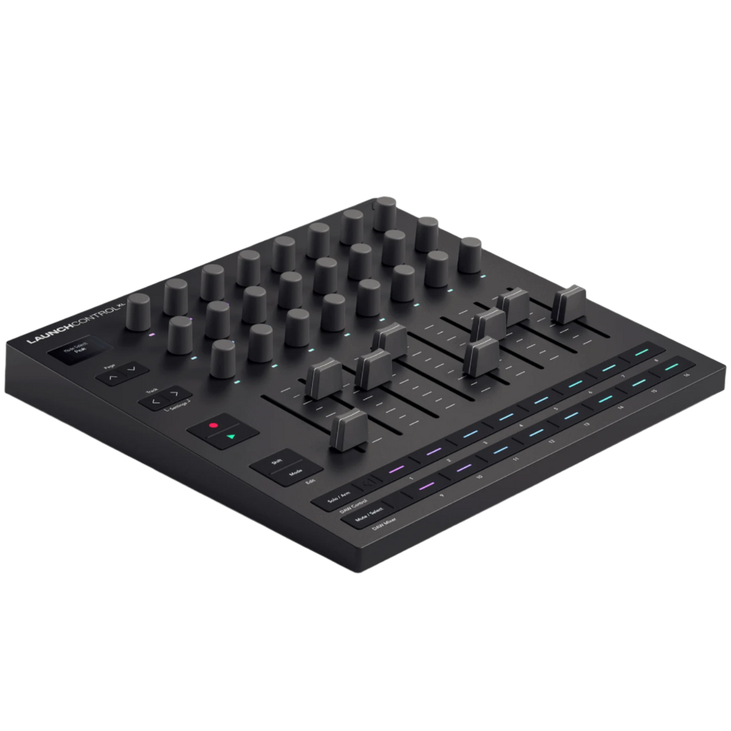 Novation Launch Control XL MK3 MIDI controller with colorful pads and knobs, viewed from the top left angle.