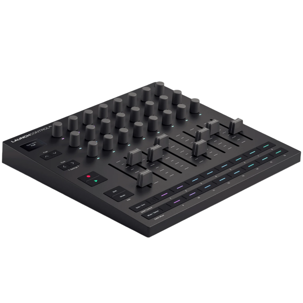Novation Launch Control XL MK3 MIDI controller with colorful pads and knobs, viewed from the top left angle.