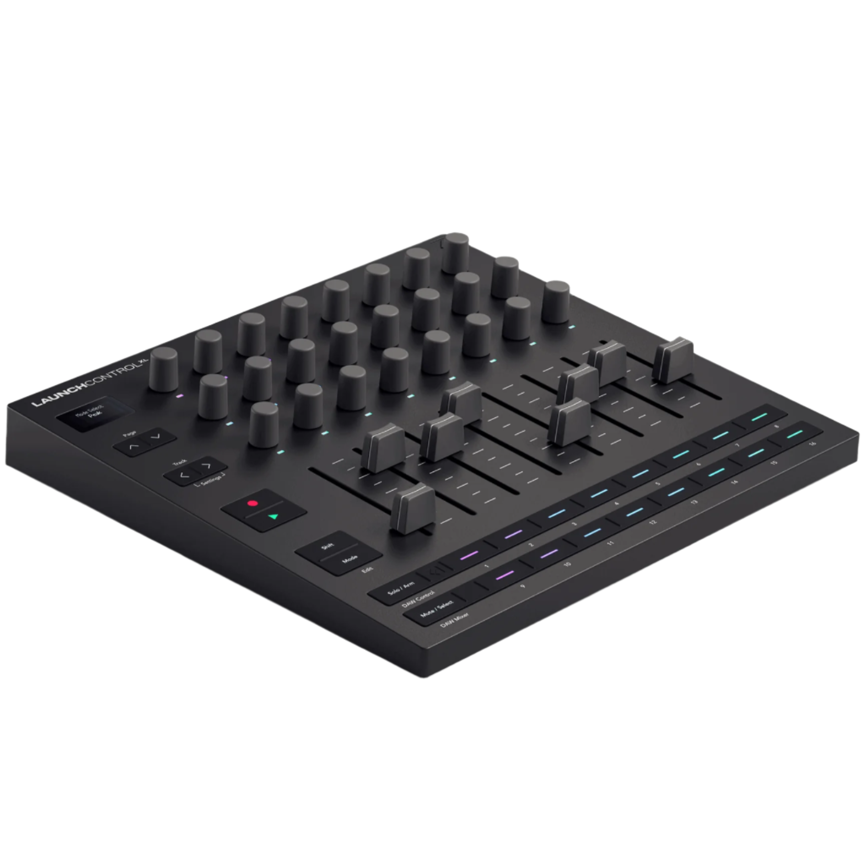 Novation Launch Control XL MK3 MIDI controller with colorful pads and knobs, viewed from the top left angle.