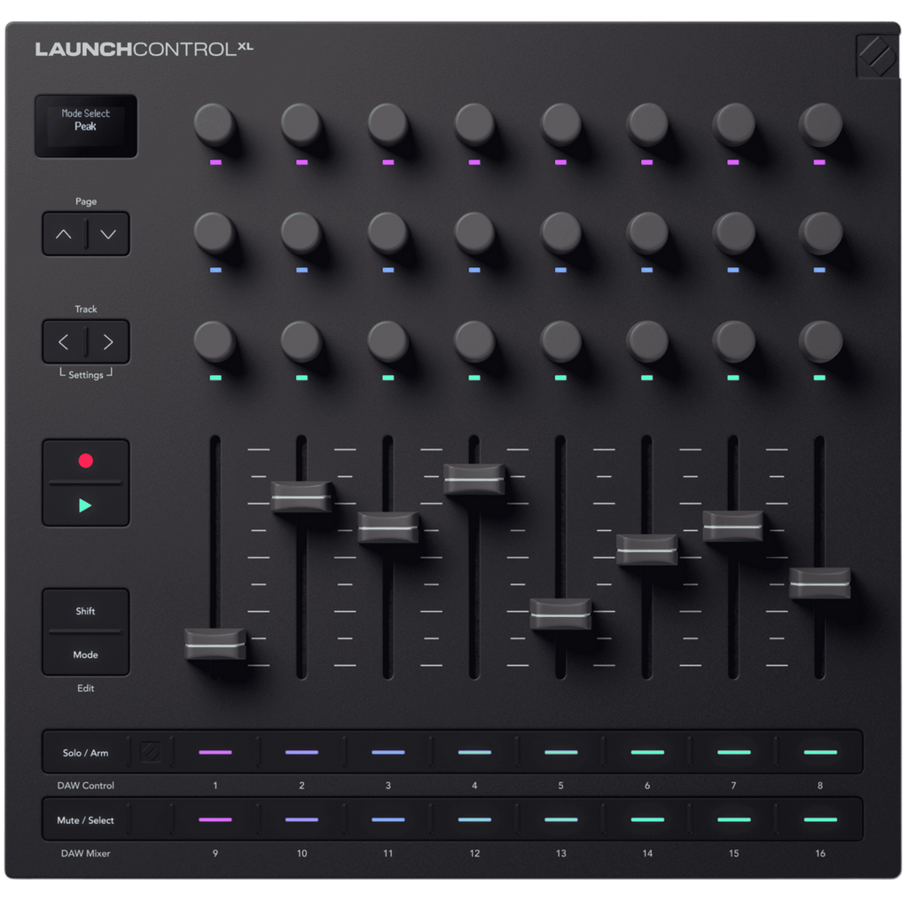 Top-down view of Novation Launch Control XL MK3 MIDI controller with knobs, pads, and faders for music production.