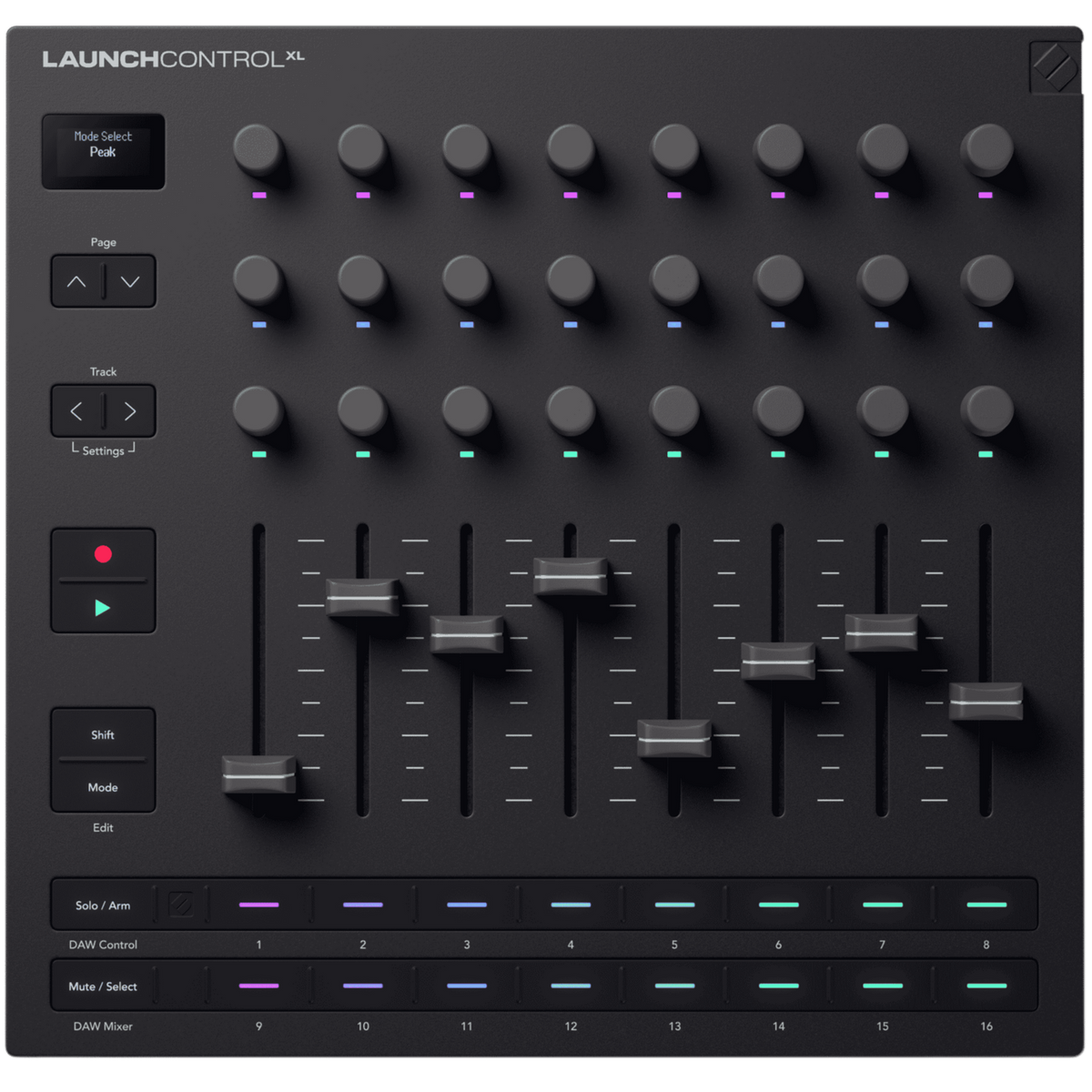 Top-down view of Novation Launch Control XL MK3 MIDI controller with knobs, pads, and faders for music production.