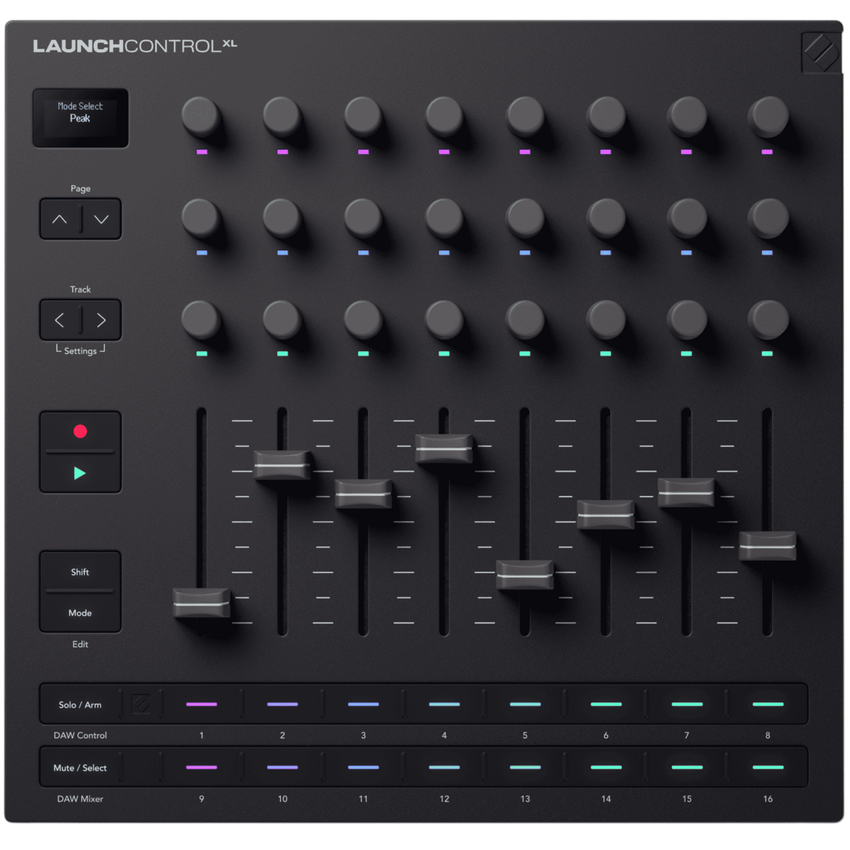 Top-down view of Novation Launch Control XL MK3 MIDI controller with knobs, pads, and faders for music production.