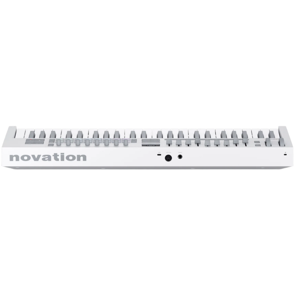 White Novation Launchkey 49 MK4 MIDI keyboard with back view showing keys, knobs, and control surface.