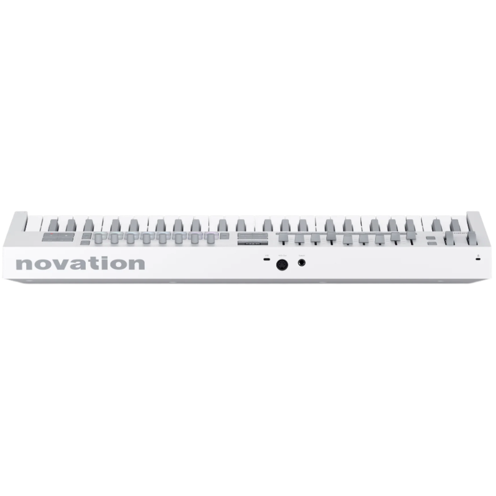 White Novation Launchkey 49 MK4 MIDI keyboard with back view showing keys, knobs, and control surface.