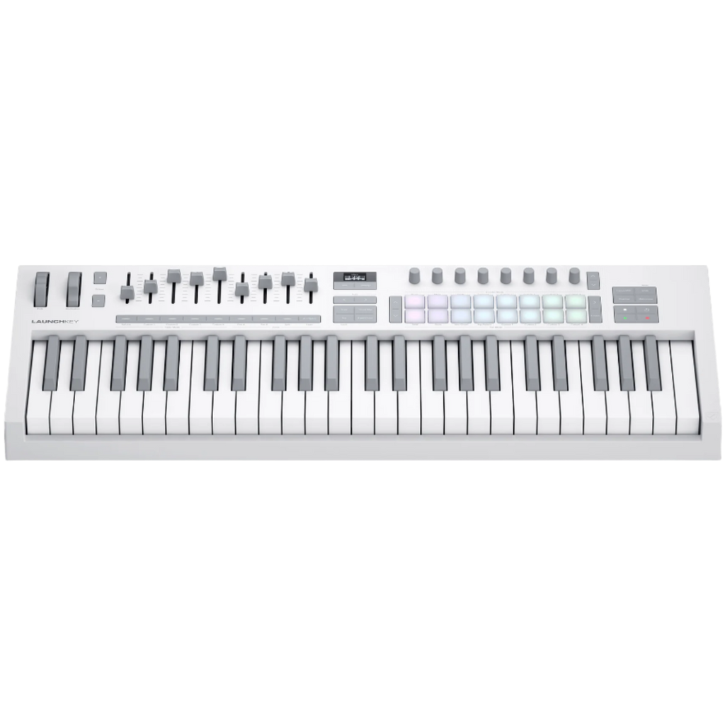 Novation Launchkey 49 MK4 MIDI keyboard with white top view, featuring keys and control buttons in a professional studio setting.