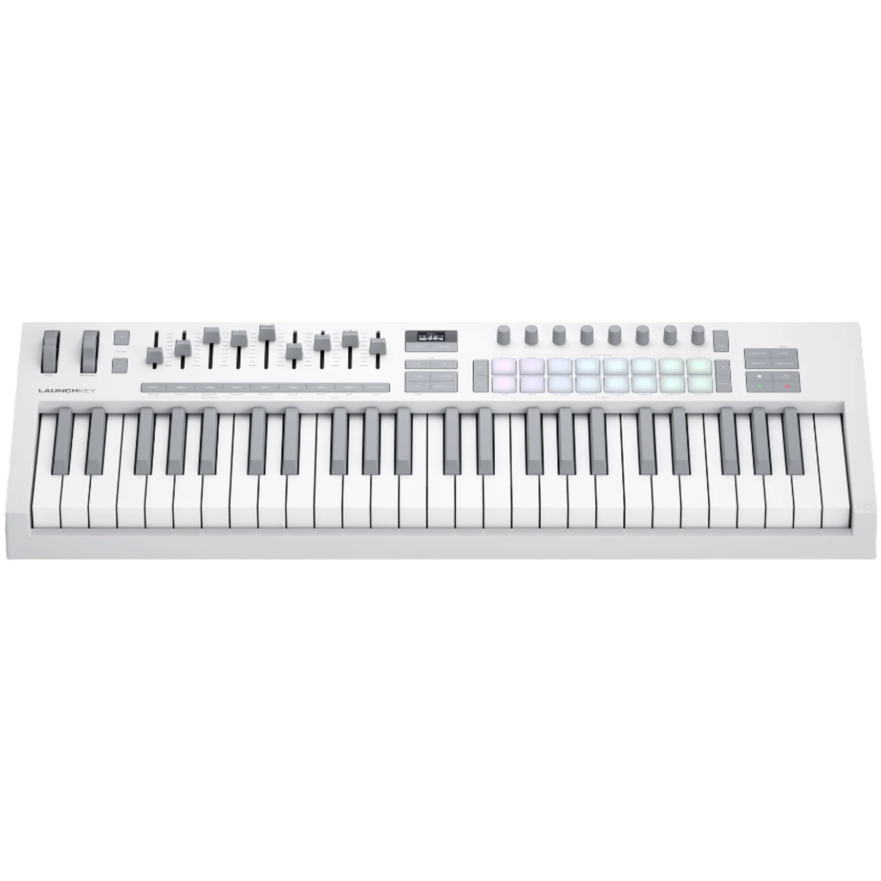 Novation Launchkey 49 MK4 MIDI keyboard with white top view, featuring keys and control buttons in a professional studio setting.