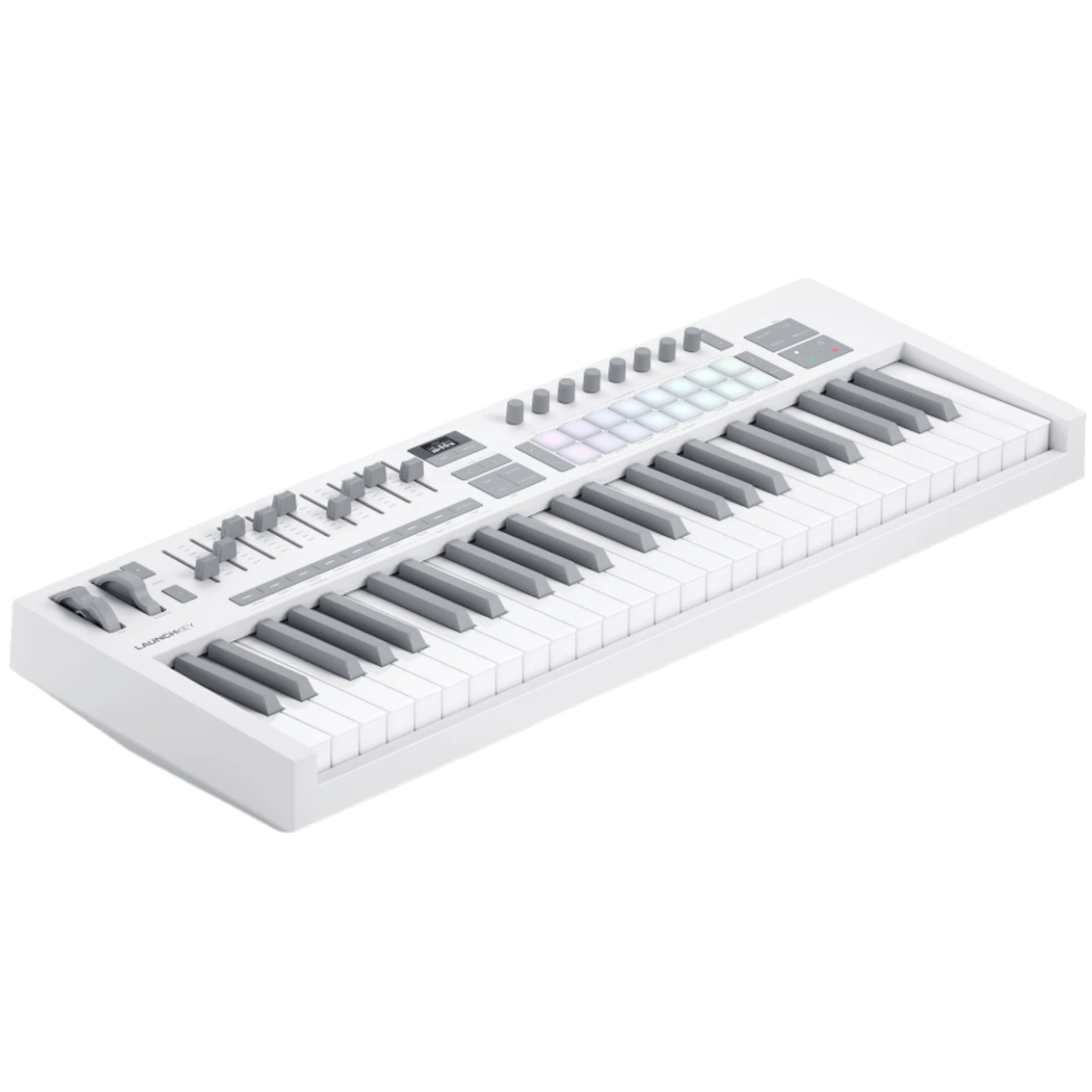 Novation Launchkey 49 MK4 MIDI keyboard in white, showing the top left view with keys and control knobs.