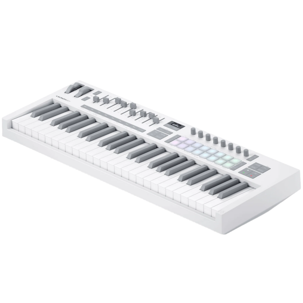 Novation Launchkey 49 MK4 MIDI keyboard in white, showing the right top view with keys and control knobs.