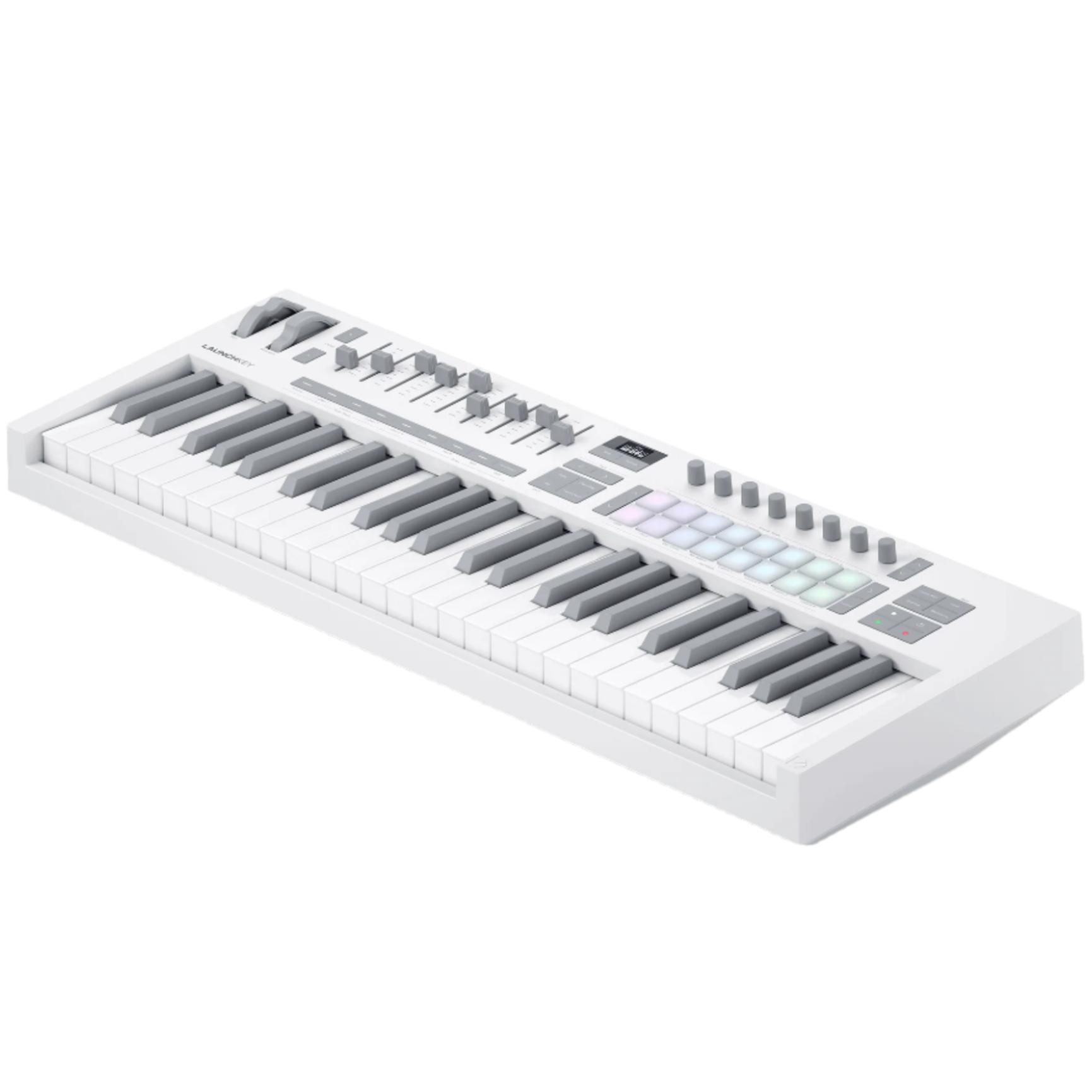 Novation Launchkey 49 MK4 MIDI keyboard in white, showing the right top view with keys and control knobs.