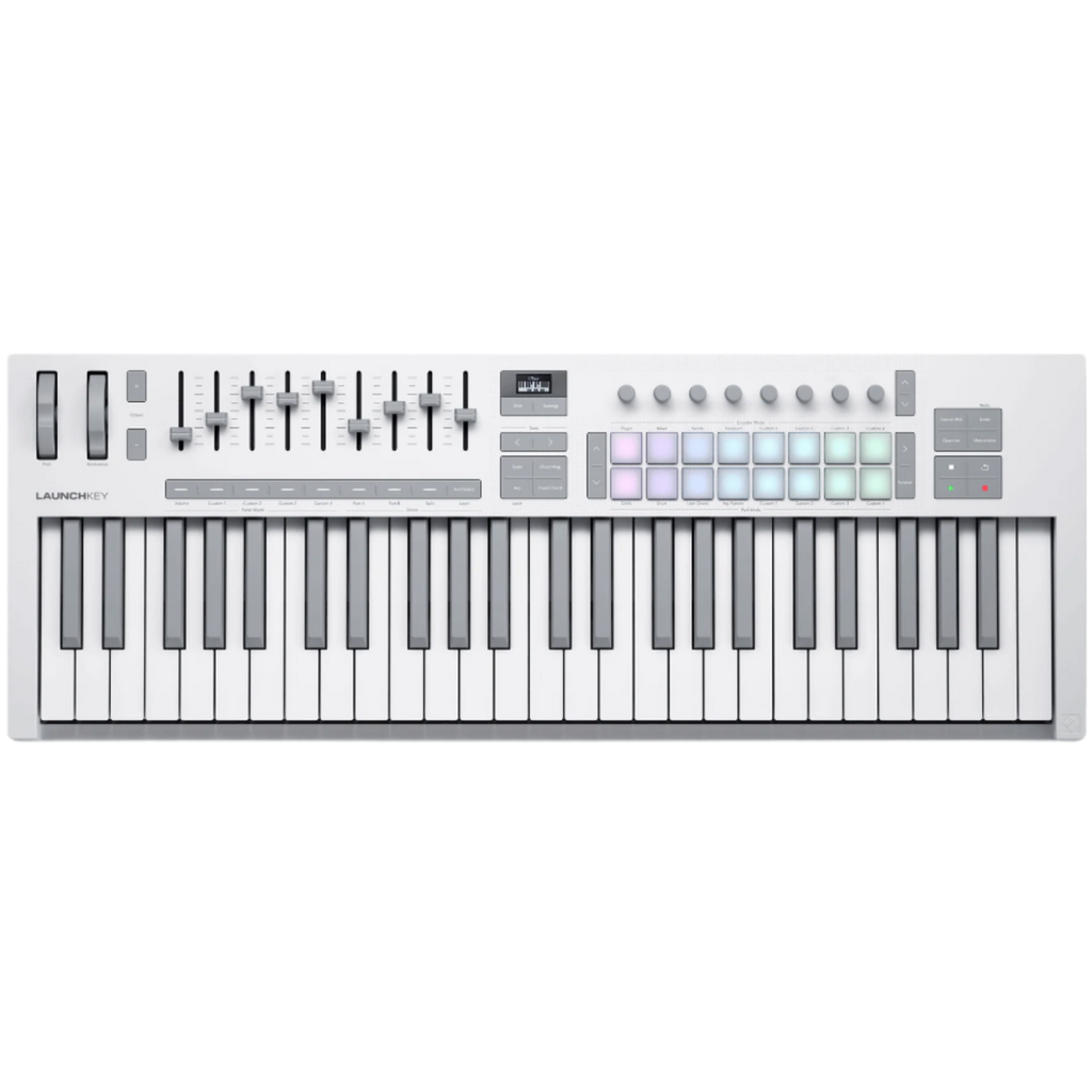 White Novation Launchkey 49 MK4 MIDI keyboard with keys and control knobs, designed for music production and live performance.
