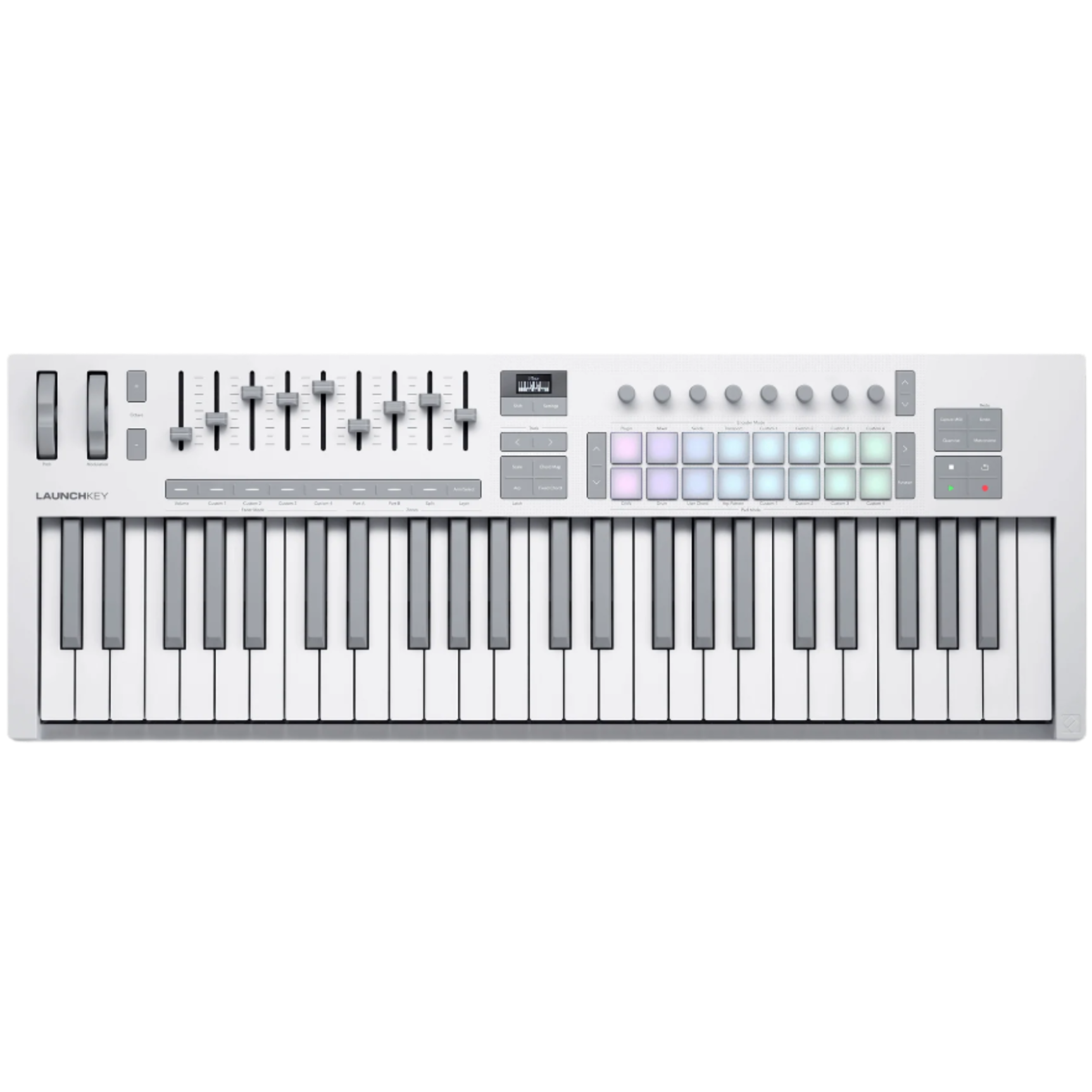 White Novation Launchkey 49 MK4 MIDI keyboard with keys and control knobs, designed for music production and live performance.