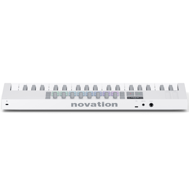 Novation Launchkey Mini 37 MK4 MIDI keyboard with white casing, top view showing keys and control knobs.