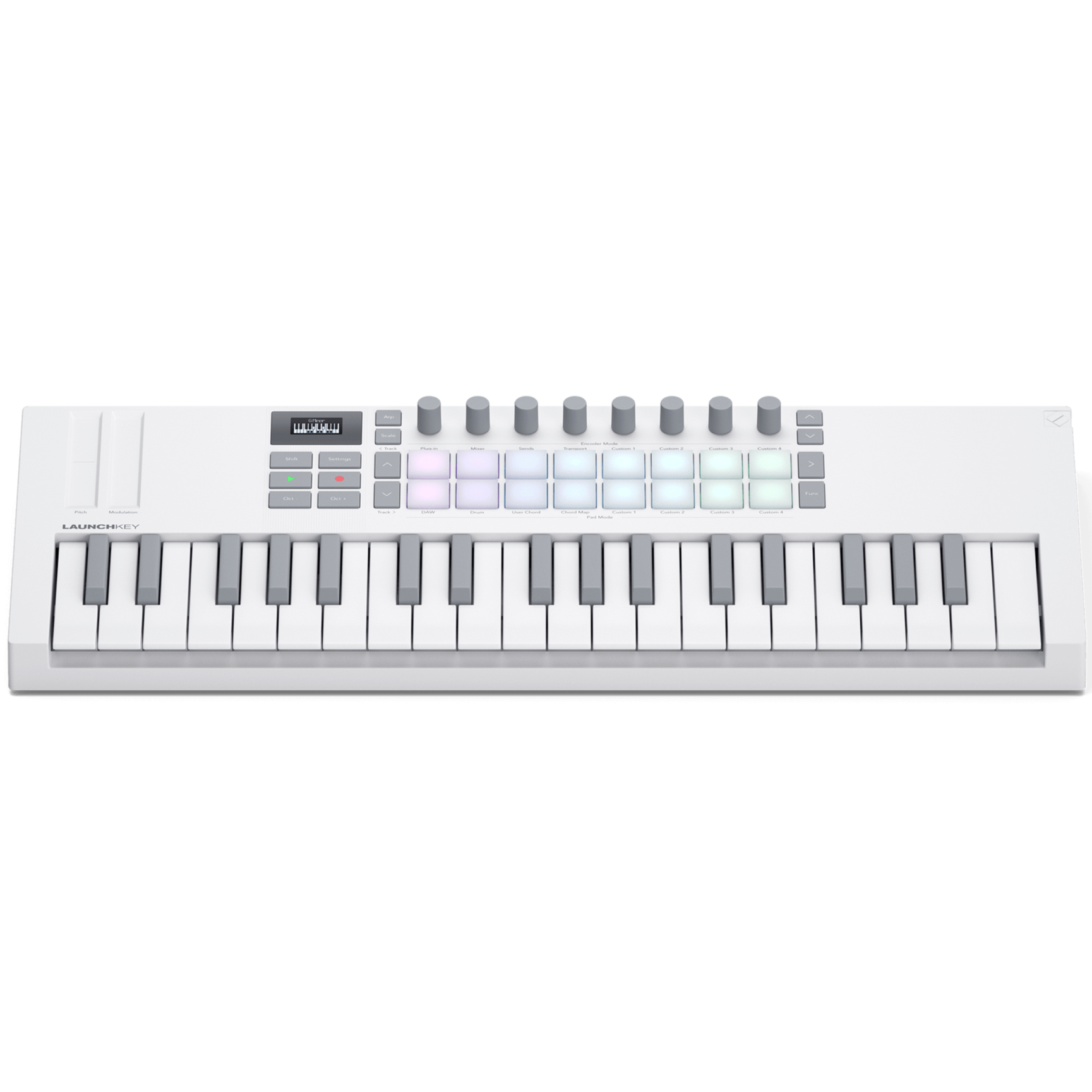 Novation Launchkey Mini 37 MK4 MIDI keyboard with white top view, showing keys and control knobs.