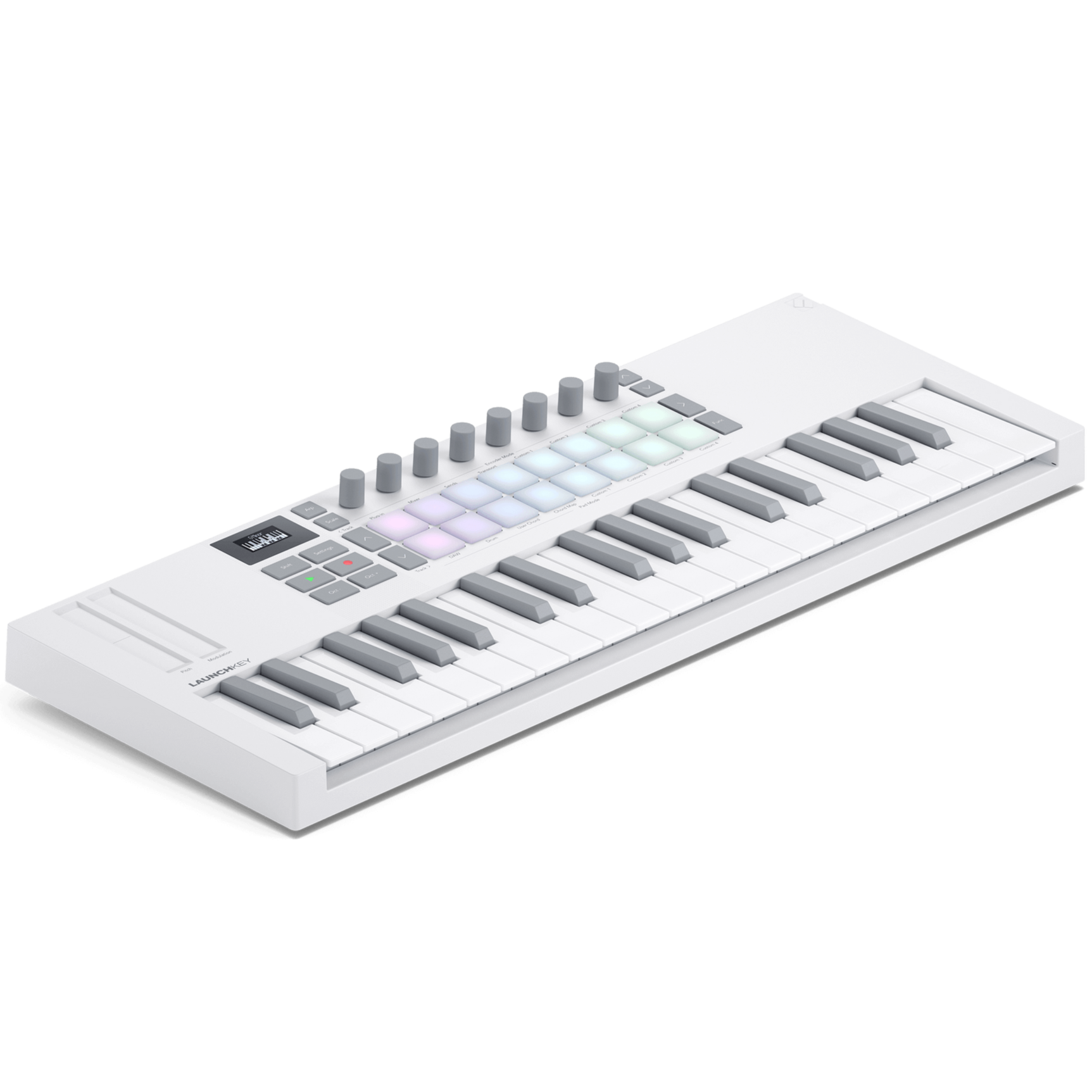 White Novation Launchkey Mini 37 MK4 MIDI keyboard with 37 keys, control knobs, and pads, viewed from the left top angle.