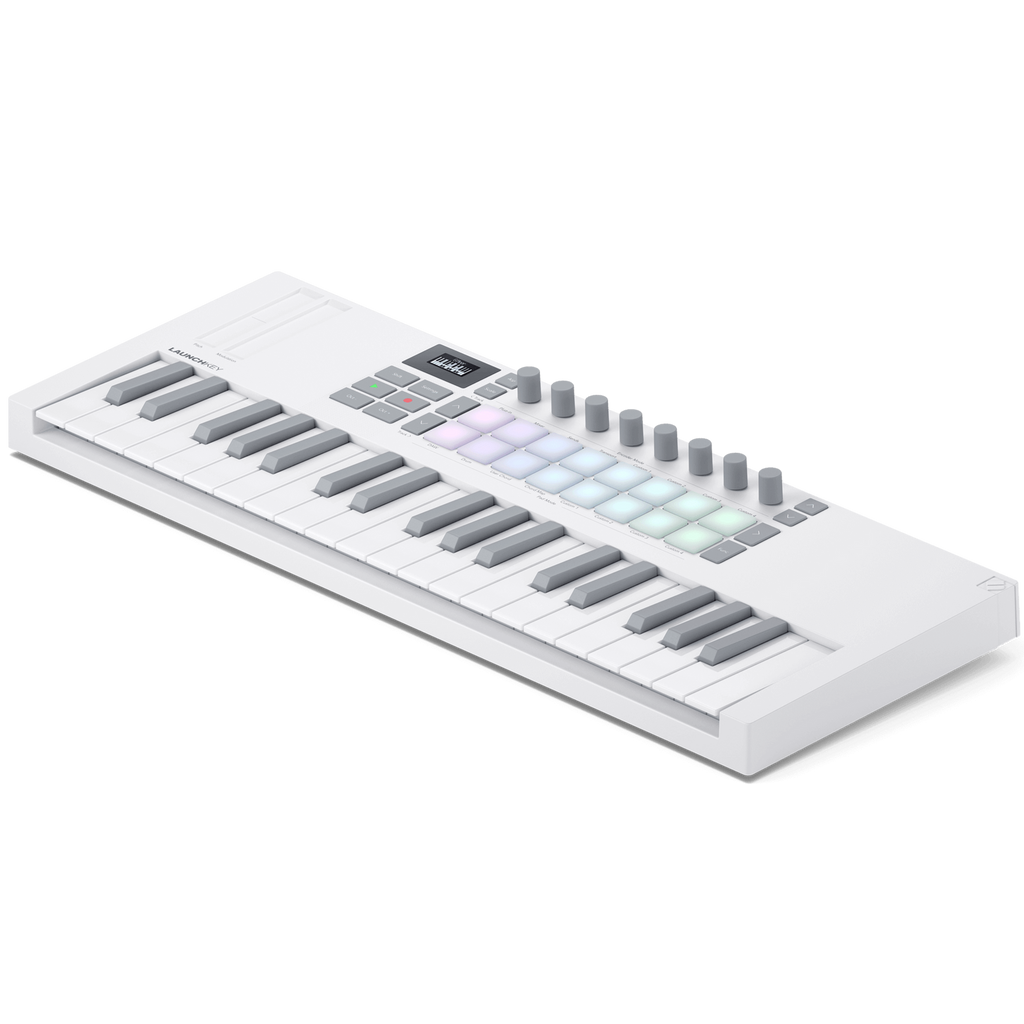 Novation Launchkey Mini 37 MK4 MIDI keyboard with white casing, showing keys and control knobs from a top-right angle