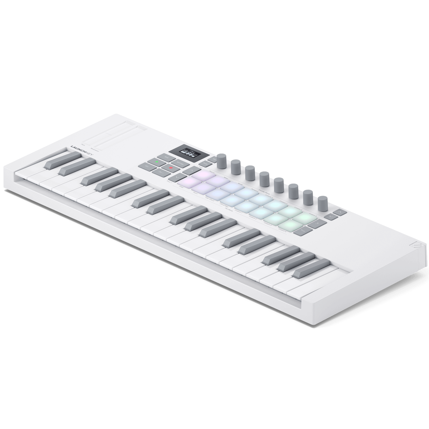 Novation Launchkey Mini 37 MK4 MIDI keyboard with white casing, showing keys and control knobs from a top-right angle