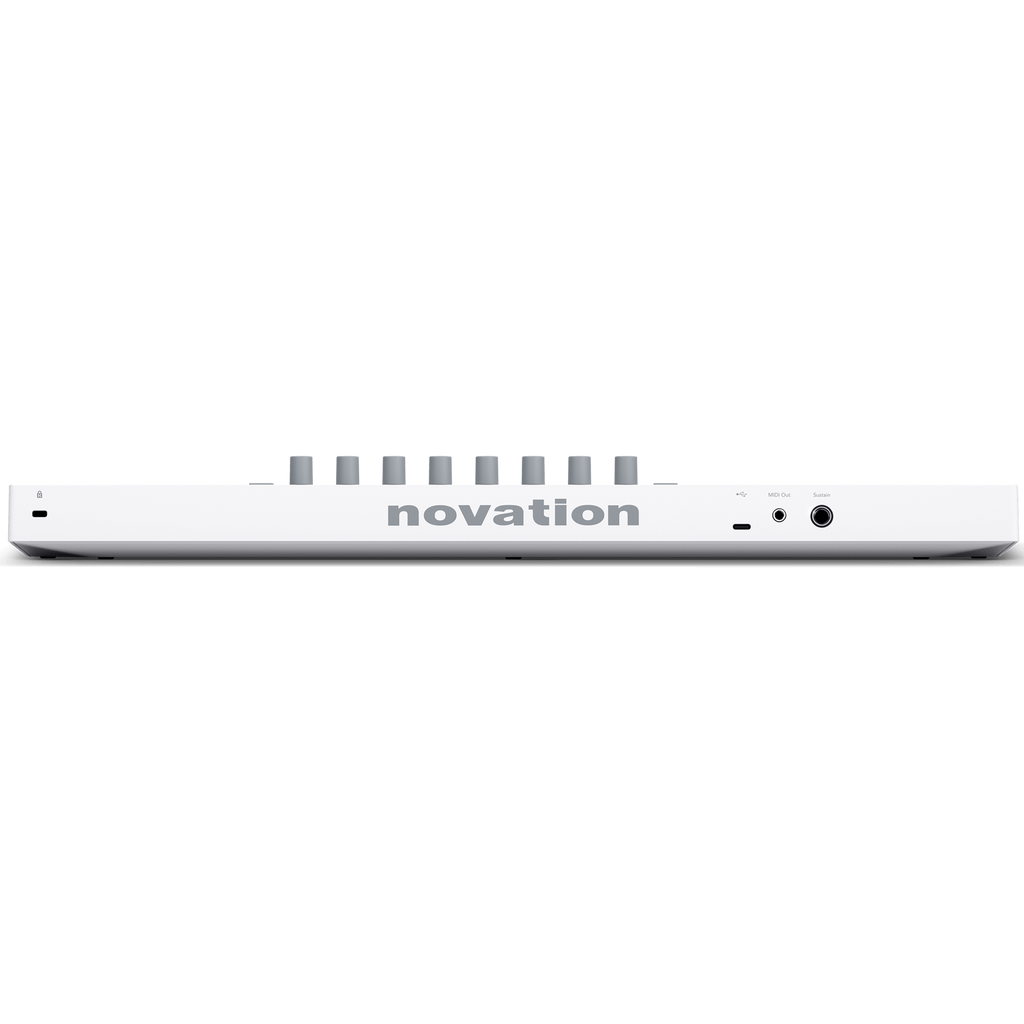 Novation Launchkey Mini 37 MK4 MIDI keyboard in white, showing the straight back and compact design, ideal for music production.