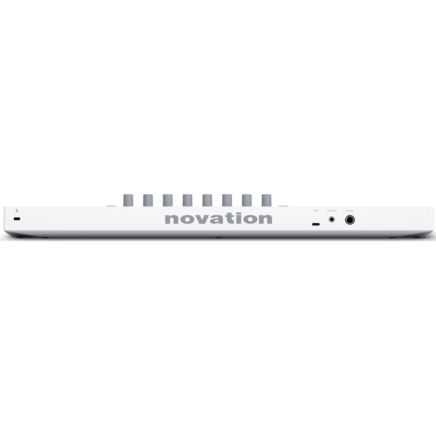 Novation Launchkey Mini 37 MK4 MIDI keyboard in white, showing the straight back and compact design, ideal for music production.