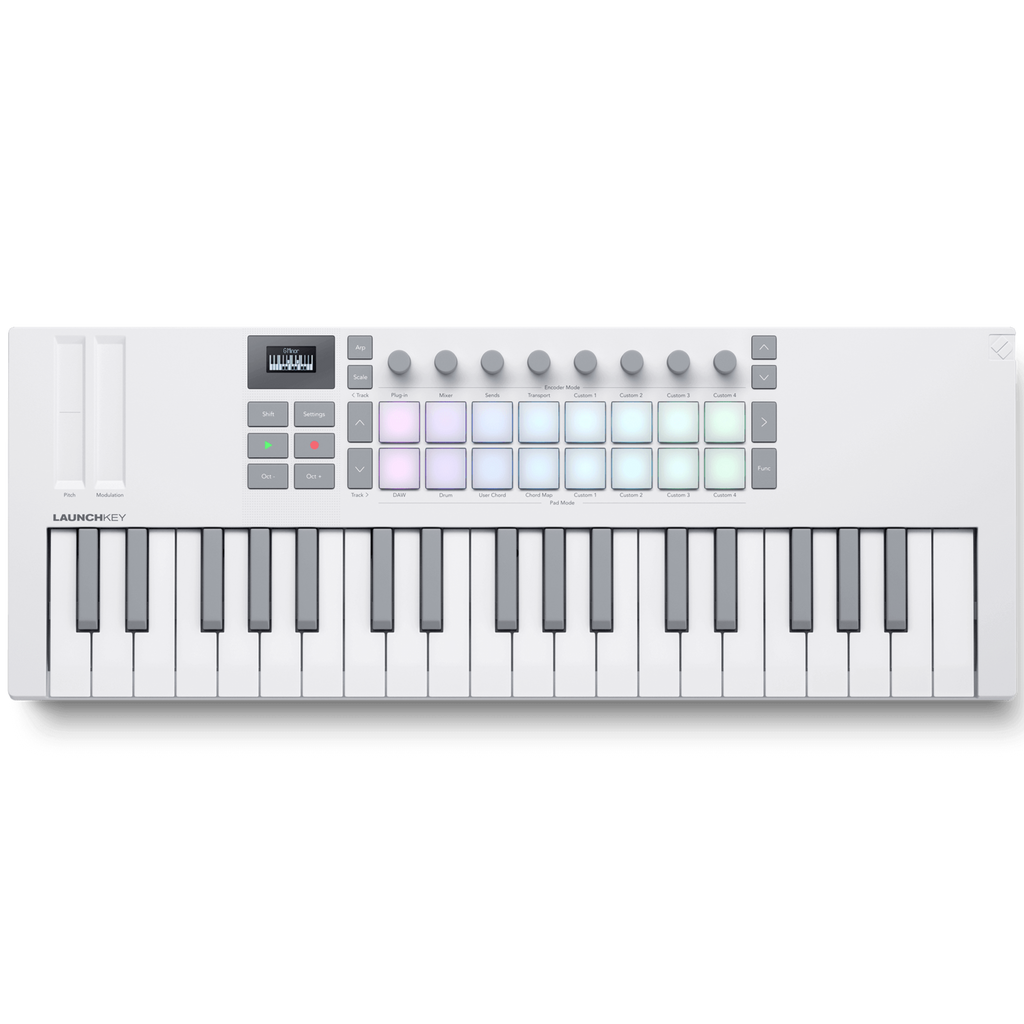 Novation Launchkey Mini 37 MK4 MIDI keyboard with white keys and compact design, top view showing control knobs and keys.