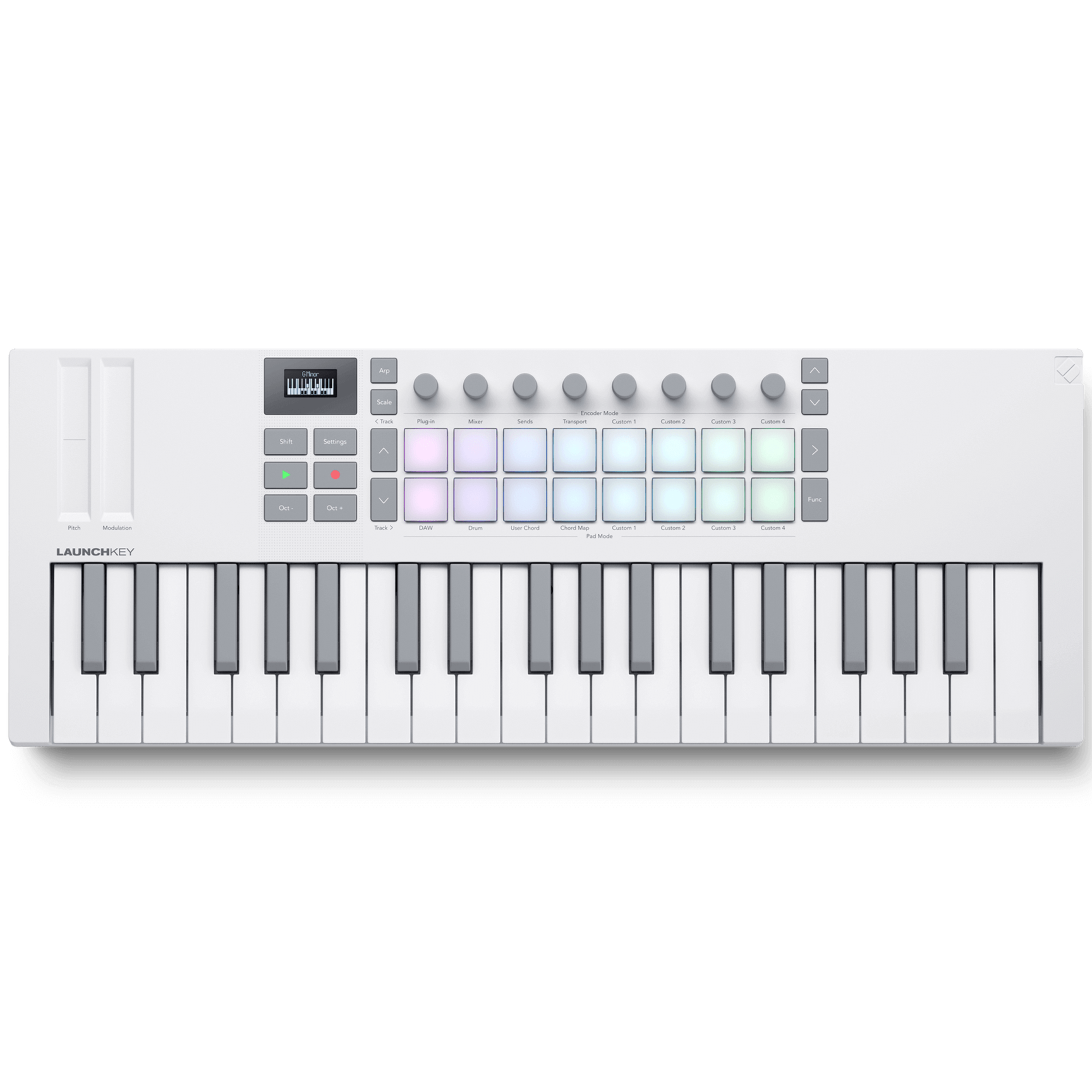 Novation Launchkey Mini 37 MK4 MIDI keyboard with white keys and compact design, top view showing control knobs and keys.