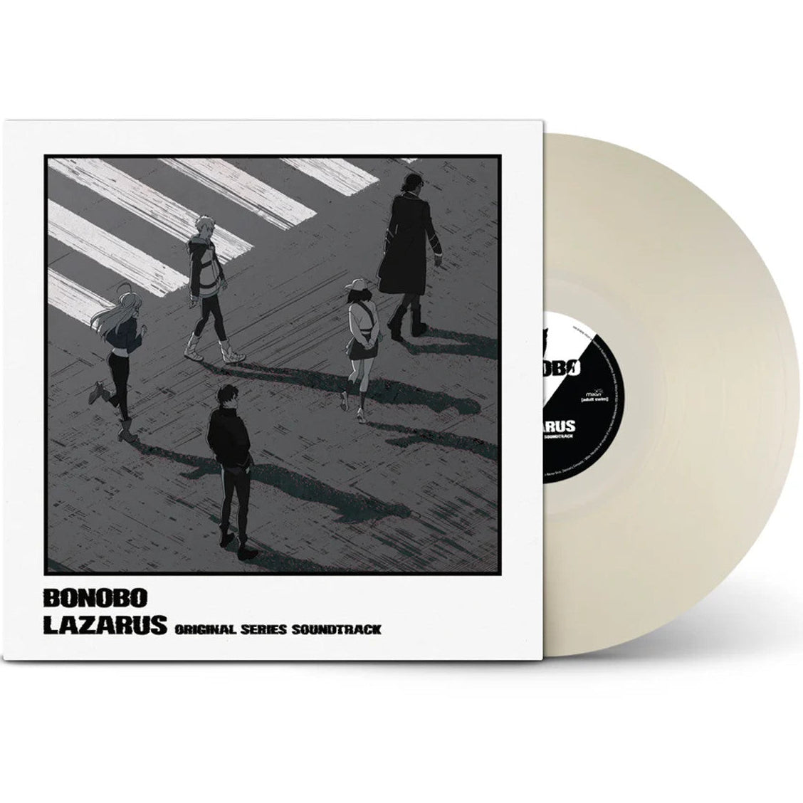 Milky clear vinyl LP of Bonobo's Lazarus soundtrack, electronic music by Milan Records, with album cover art visible.