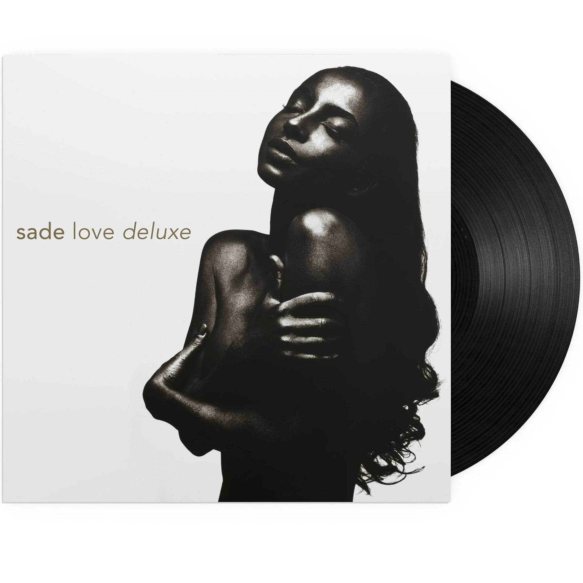 Black vinyl LP of Sade's Love Deluxe album, featuring the iconic album cover, from Epic Records, in a sleek, minimalist design.