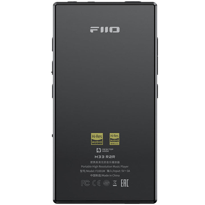 FiiO M33 R2R portable music player with a sleek design and modern interface, showcasing the screen and buttons.