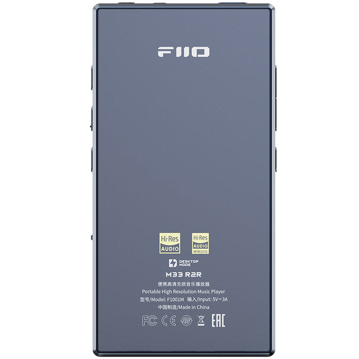 FiiO M33 R2R portable music player with a sleek design and high-resolution display, showcasing its premium features.