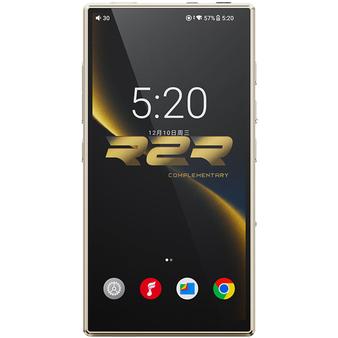 FiiO M33 R2R portable music player in gold with a sleek front design and intuitive controls.