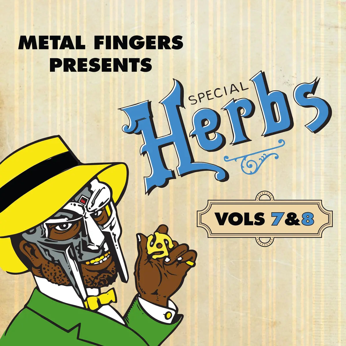 Sky blue vinyl for MF Doom's Special Herbs Vol. 7 & 8 album by Rhymesayers Entertainment, featuring hip-hop and rap artwork.