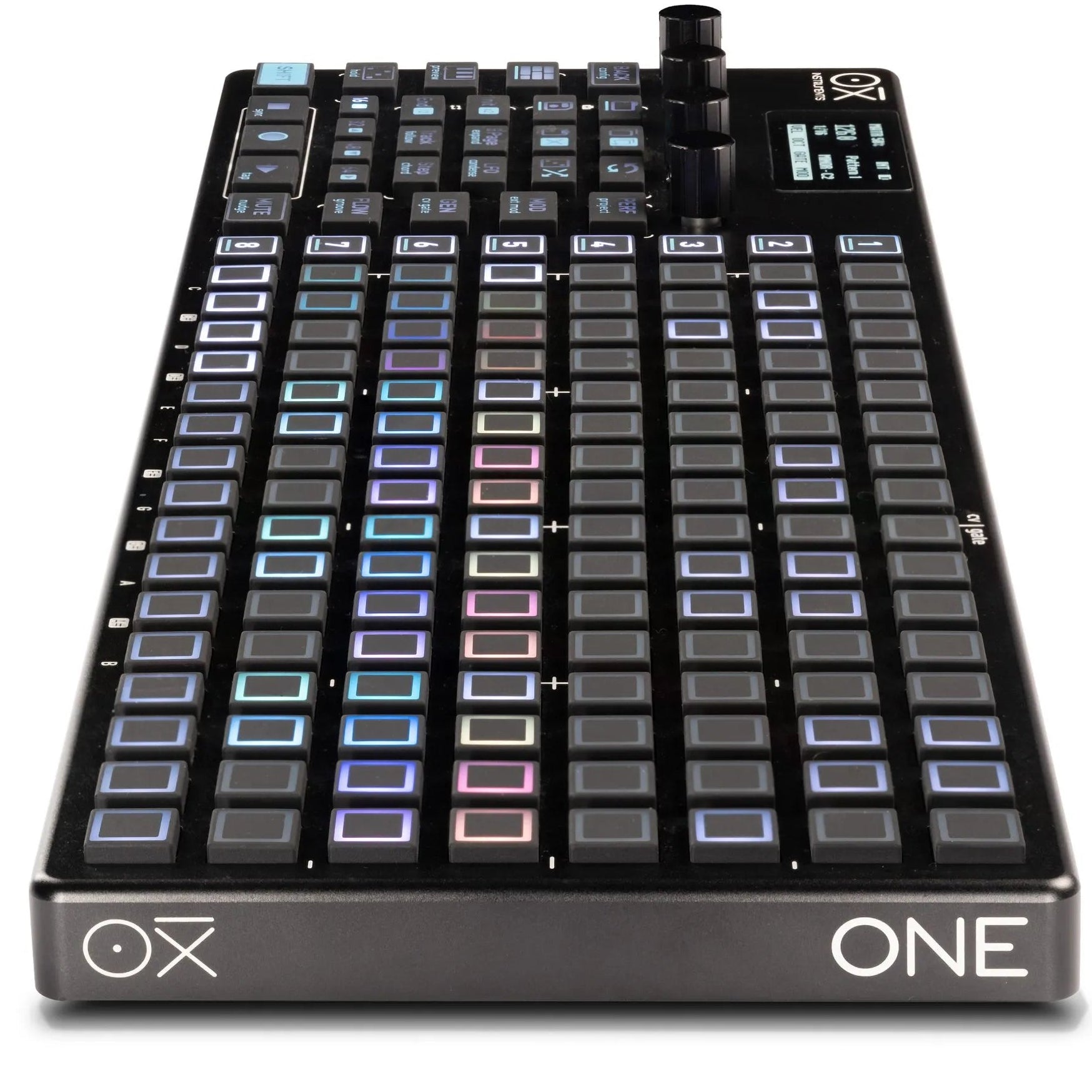 OXI Instruments One MKII sequencer with black controls and side view, showcasing the compact design and interface details.